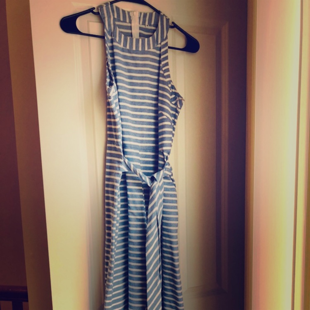 Sleeveless blue and white stripped jumpsuit